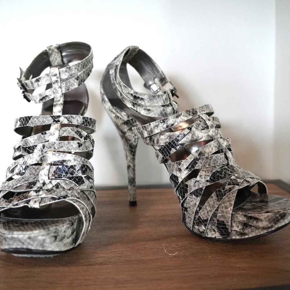 GUESS Open Toe Gladiator Snake Skin Platform Heels